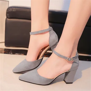

2020 spring wild Female sandals shoes Sexy high heels gray buckle hollow sandals thick with pointed shoes s011
