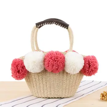

New Women Summer Hand-woven Beach Bag Hit Color Straw Woven Small Bucket Handbag With Hair Ball Bali Bag Bohemian Wicker Tote
