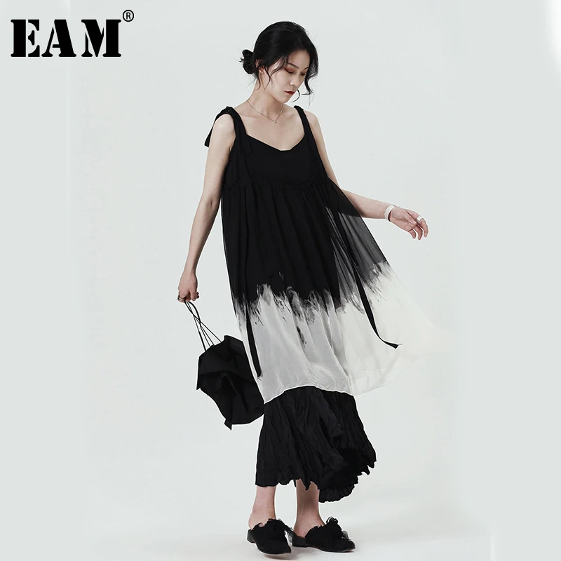 

[EAM] 2019 New Spring Summer Spaghetti Strap Gradual Color Loose Hit Color Temperament Chiffon Dress Women Fashion Tide JR509
