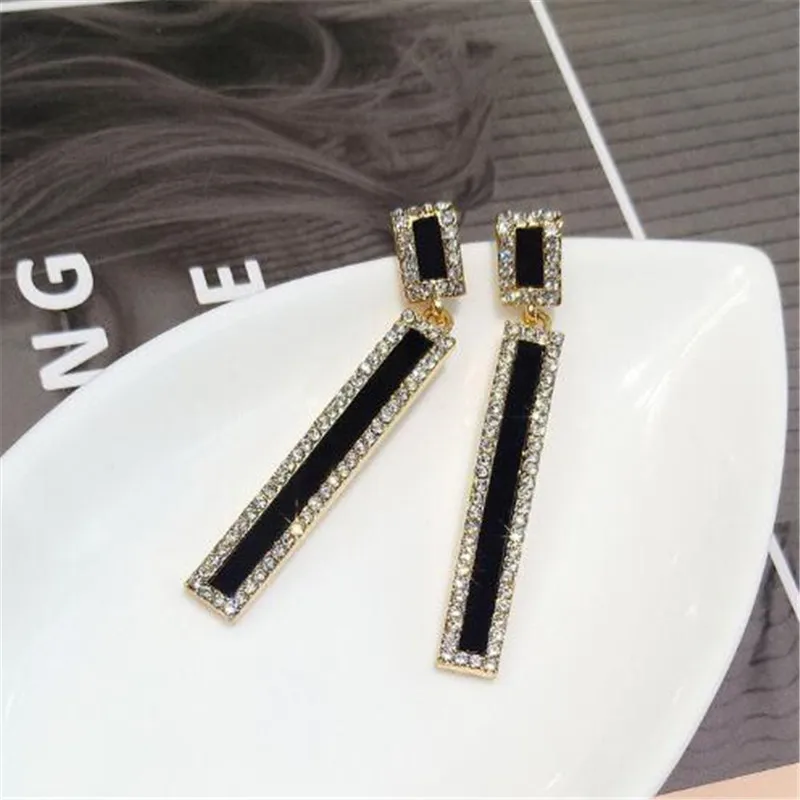 

FYUAN Korean Style Geometric Rhinestone Drop Earrings Long Black Rectangle Dangle Earrings for Women Party Jewelry Gift