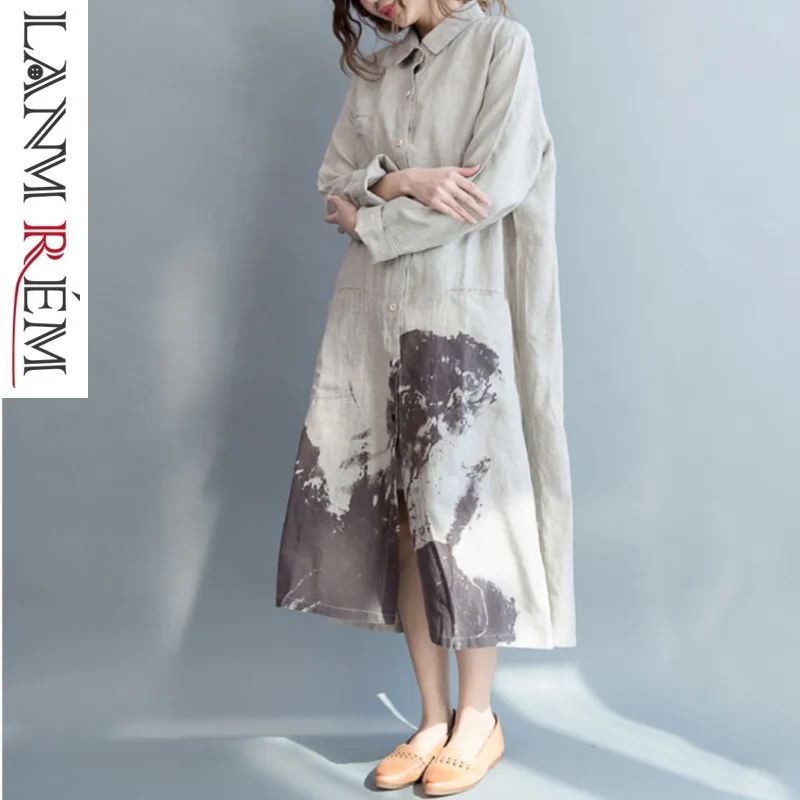 

LANMREM 2018 Summer Antumn New Special Printing Printing Long Sleeve Single-breasted Split Hem Ladies Long Shirt EF394