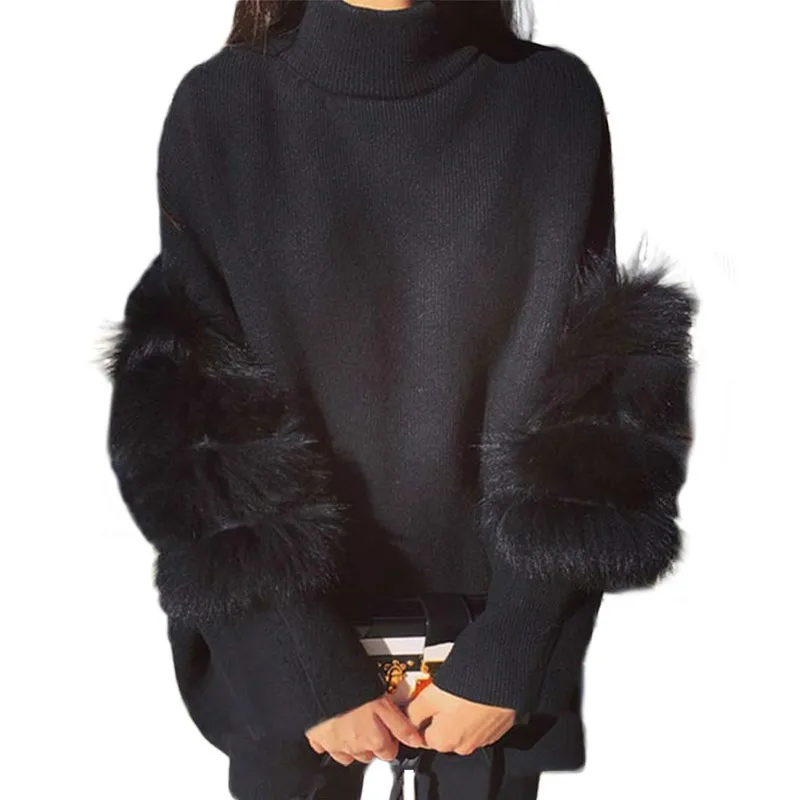 Thicked Warm Turtleneck Sweater Fluffy Faux Fur Long Sleeves Knitted
