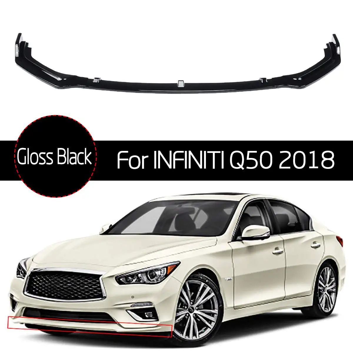 

3pcs Gloss Black Front Bumper Chin Lip Spoiler for Infiniti Q50 2018 Only Base Mode Anti-collision Car Exterior Bumper