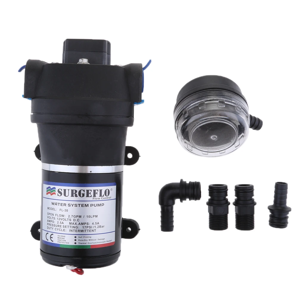

Marine Water Diaphragm Self Priming Pump 2.7 Gallons/min (10 Lpm) 17 PSI - Built-in pressure switch