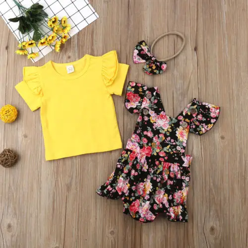 Модная детская одежда для маленьких девочек топы с цветочным принтом для маленьких сестер, футболка комбинезон на бретелях, платье, комплект одежды