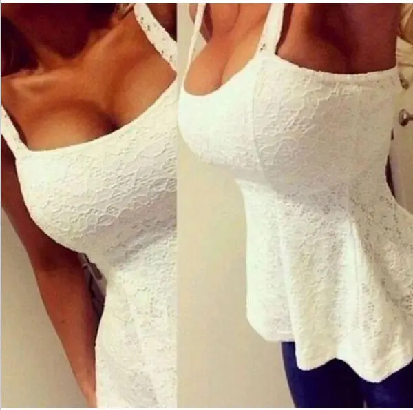 Newest Women Sleeveless Embroidery Lace Flared Peplum O-Neck White Top Shirt Vest Short Blouse