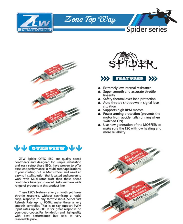 4 шт./лот ZTW Spider Series 3-6S 12A 20A 30A 40A 50A 60A OPTO ESC-SimonK для многороторного самолета