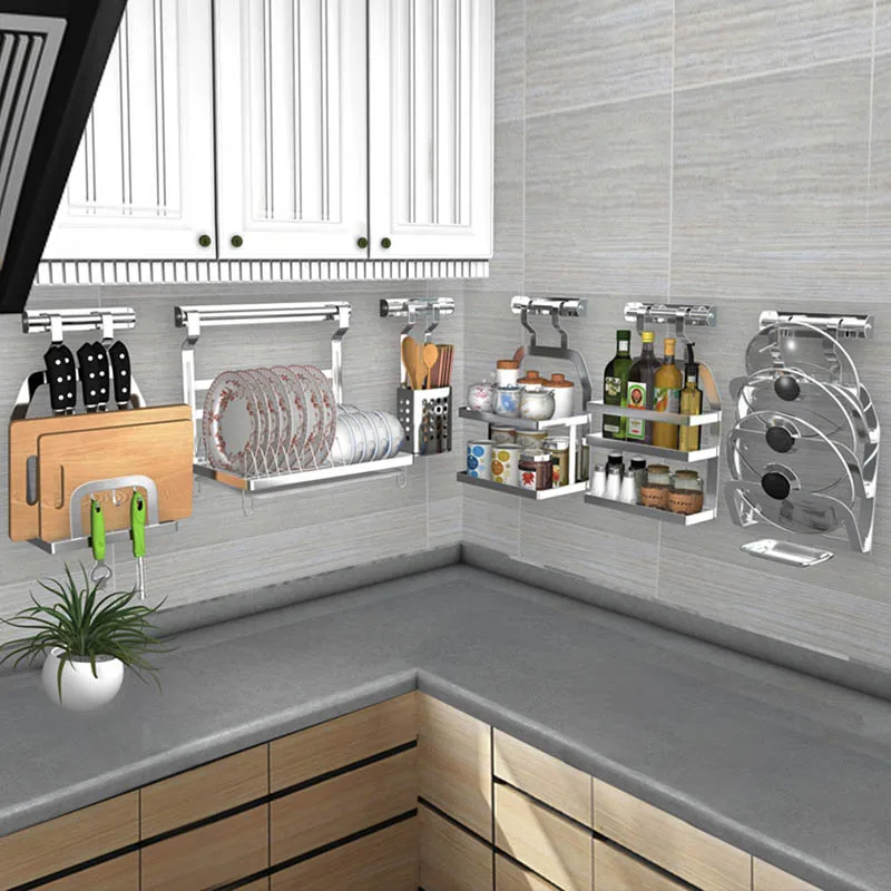  DIY 304 Stainless Steel kitchen rack Kitchen Shelf Pot Spoon Knife Seasoning Dish Rack Shelf No Pun - 32974495568