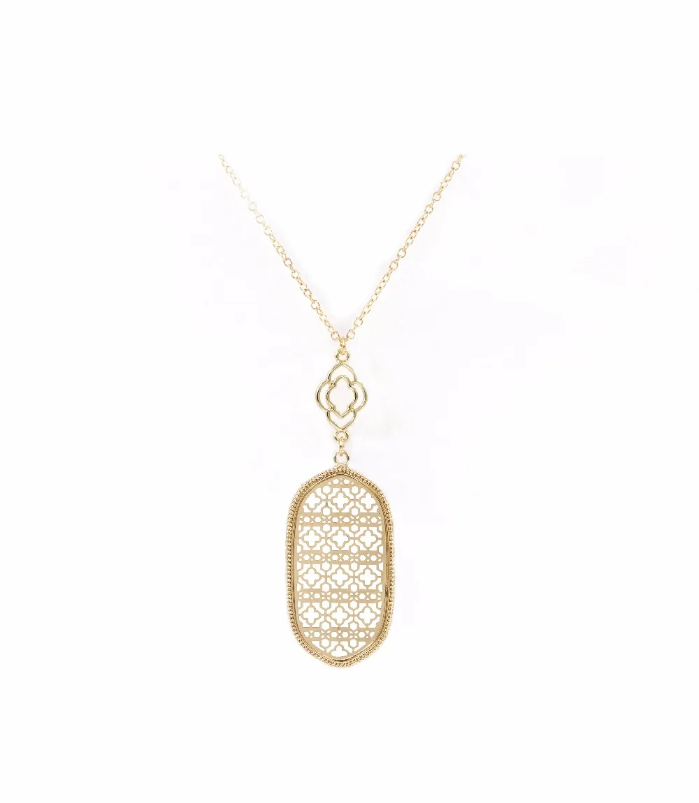 

Oblong Shape Hollow Oval Filigree Pendant Necklace Long Statement Necklace for Women Valentines Day Gift