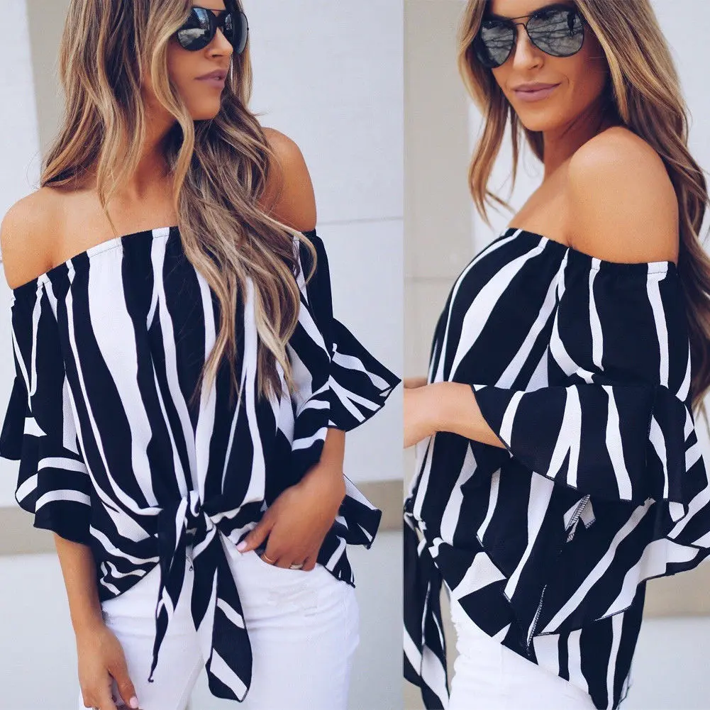 

Fashion Women's Summer Striped Shirts Ladies Off Shoulder Mid Flare Sleeve Loose Casual Blouse Cotton Tops