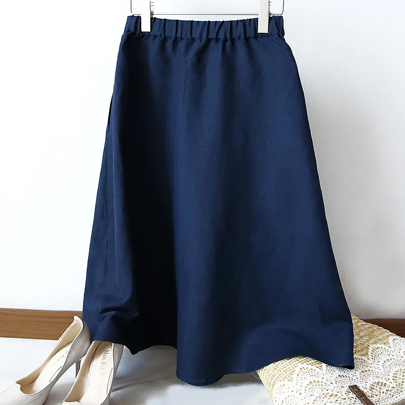 Женская длинная юбка, 65% лен, 35% хлопок, винтажные трапециевидные юбки, эластичная талия, длина до середины икры, юбка,, весна, темно-синий