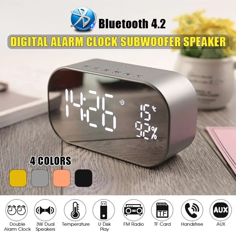 

bluetooth Speaker Alarm Clock FM Radio Wireless Stereo Dual Units LED Display Mirror Music Box Subwoofer 4 Colors Portable Audio