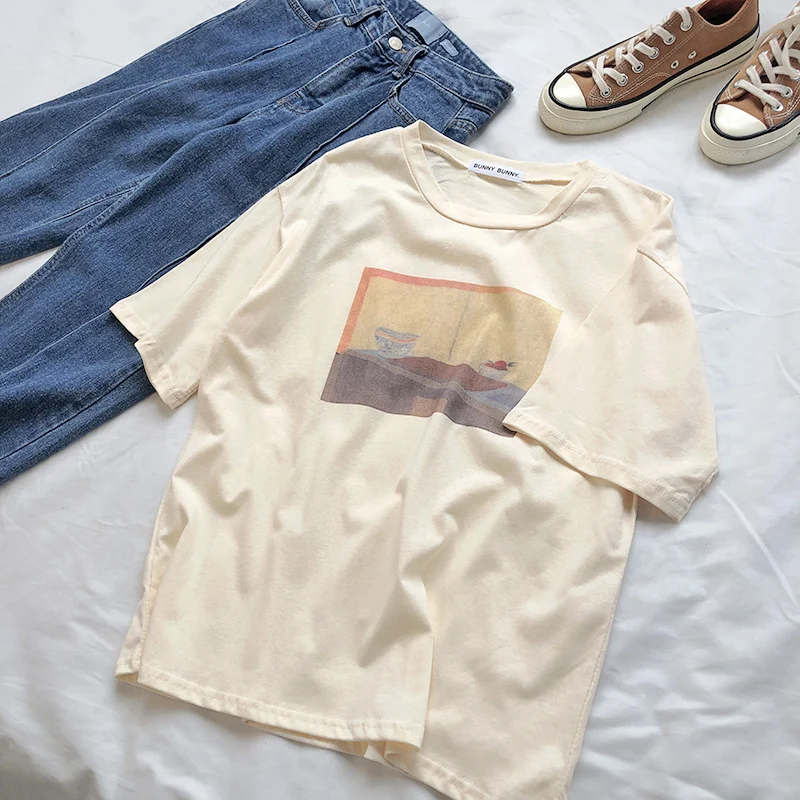 

Vintage Women Beige T Shirt Short Sleeve Square Printed Summer Tee Shirt Tops