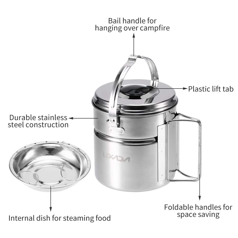 Lixada походный горшок из нержавеющей стали с ручкой под поручень и внутренней ручкой для приготовления пищи на пару, складной горшок, набор для приготовления пищи, посуда, горшок