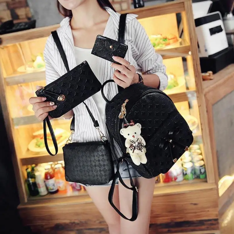 

4pcs/set Women Fashion Backpack PU Leather Teenage School Bag Casual Clutch Crossbody Travel Bags for Girls with Purse and Bear