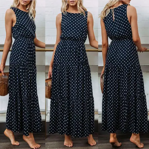 2019 Bobo Women Dark Blue Boho Loose Sleeveless Holiday Dot Print Long Maxi Dress Evening Party Beach Dresses Summer Sundress