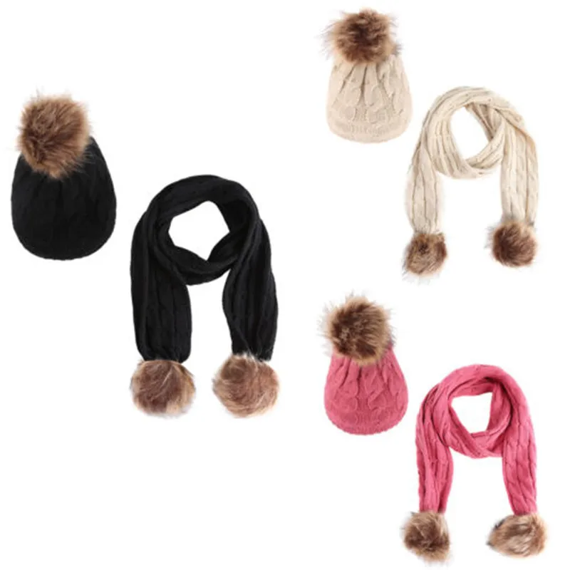 

2018 Winter Warm Children Kids Baby Boys Girls Pom Hat Crochet Knitted Bobble Beanie Cap Long Scarf 2Pcs Sets For 0-6Years