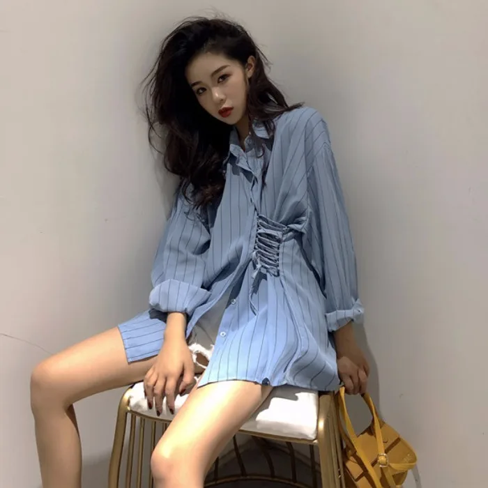 

Lychee Girls Striped Asymmetric Women Blouses Shirts Long Sleeve Turn Down Collar Female Blouses Spring Autumn Shirts