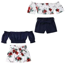 Toddler Kids Baby Girl Flower Off Shoulder Crop Tops Shorts Outfits Sunsuit 1-6Y