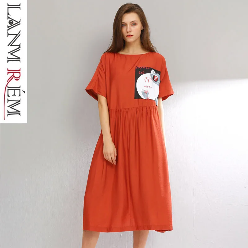 

LANMREM Personality Fashion Cat Printting Dress 2019 Summer New Short Sleeve Large Size Loose Casual Clothing For Women YH270