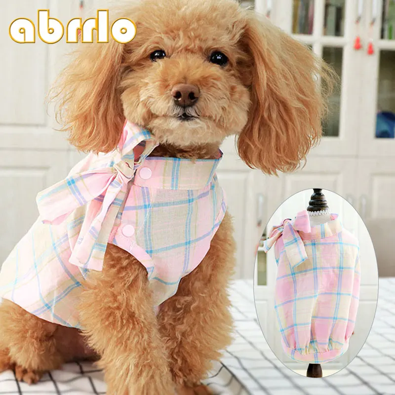 Abrrlo Plaid Dog Shirt Spring Summer Bow Sweet Cut Vest Pet Clothes For Small Dogs Yorkshire Terrier Pug Accessories | - Цена: 