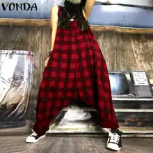 Женские комбинезоны, летние винтажные штаны-шаровары в клетку, повседневные свободные сексуальные комбинезоны без рукавов размера плюс