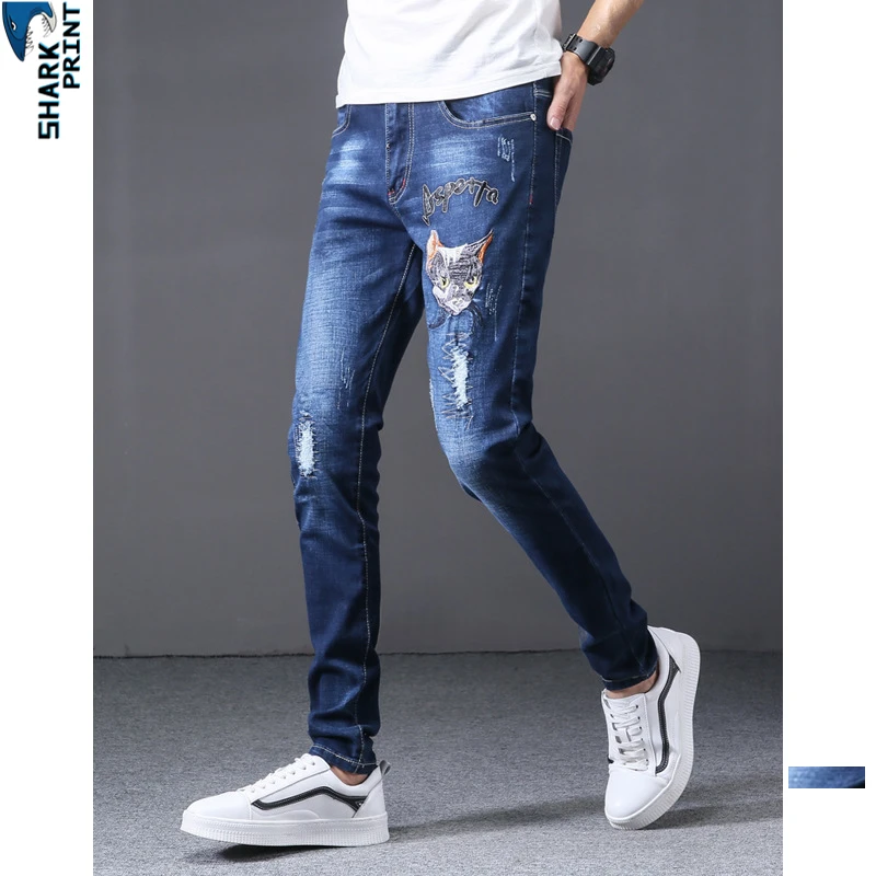 SharkPrint Мода 2019 г. Cat Вышивка Узор Slim Fit для мужчин байкер джинсы для женщин рваные джинсы синий плиссированные письма повседневные штаны