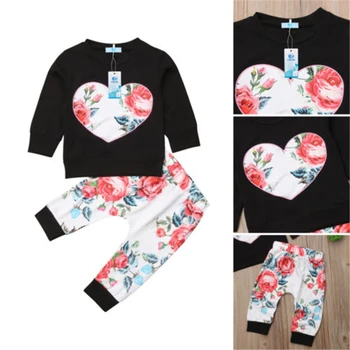 

Newborn Infant Baby Girls Floral Clothes Romper Bodysuit Pants Outfits Tracksuit New Printed Heart Long Sleeve Top Pants Set