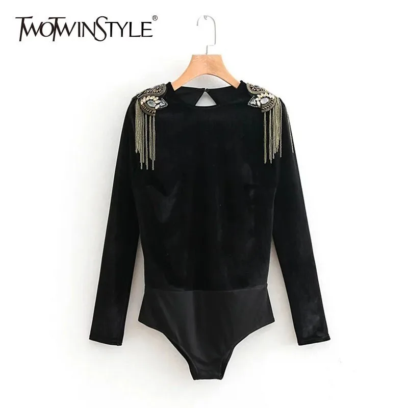 TWOTWINSTYLE бархатные боди для женщин с круглым вырезом и длинным рукавом украшенные