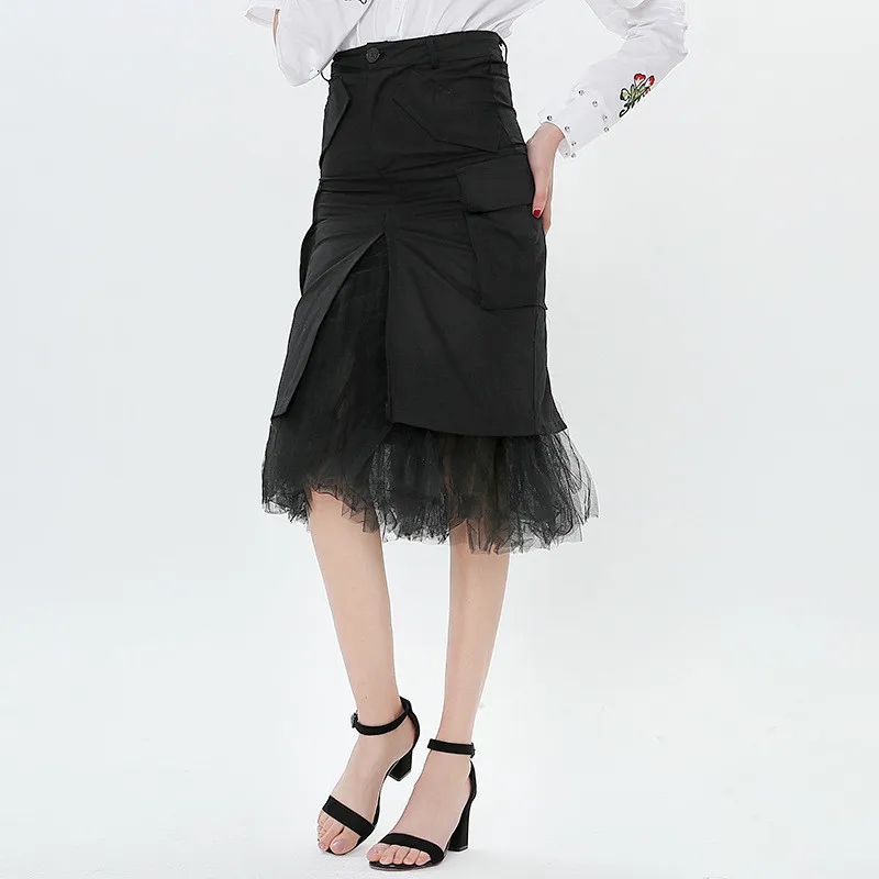 

2019 Women Spring Summer Split Mid Mesh A-Line Skirt Sexy Irregular High Waist Skirt Female Solid Skirts