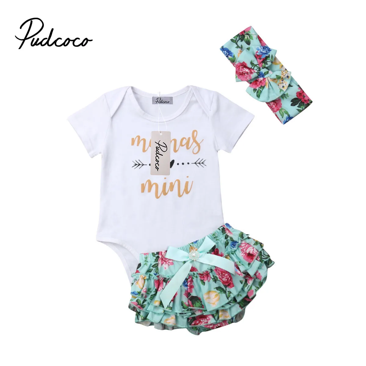 

pudcoco 2019 Toddler Kids Baby Girl Floral White Rompers+Green Pants+Headband Bow-knot 3PCS infant girl Clothes 0-24M Mamas