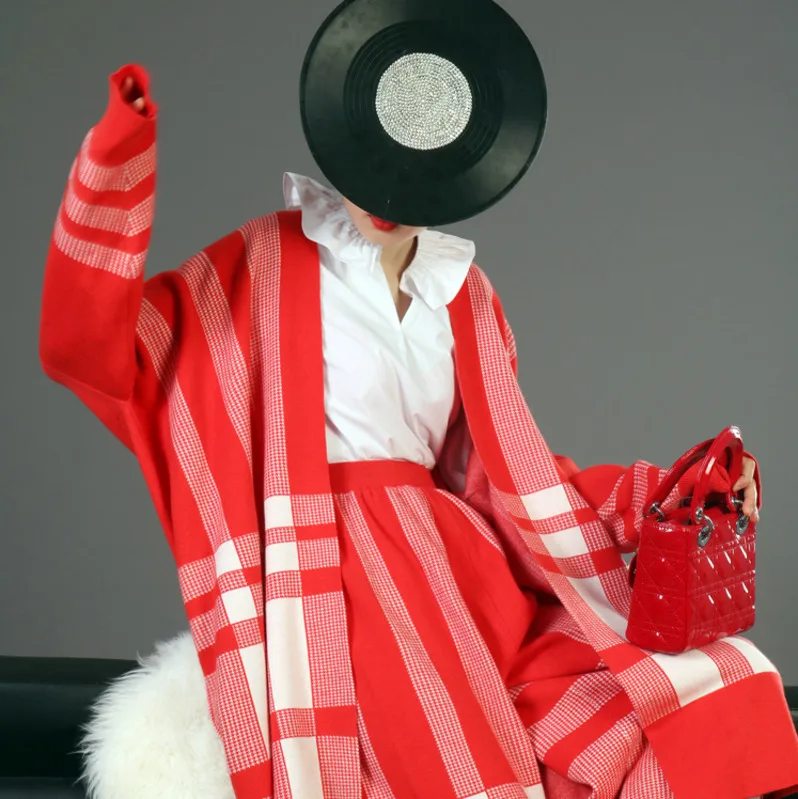 LANMREM, высокое качество, новинка, модный Красный Клетчатый вязаный кардиган, пальто и свободные широкие штаны, Женский комплект из 2 предметов, Vestido YG077