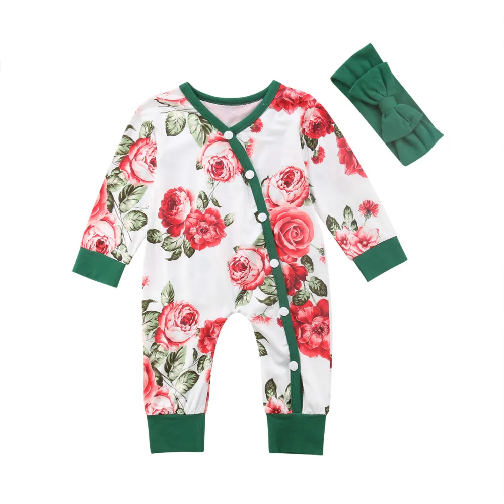 

2PCS Pudcoco Newborn Infant Kid Baby Girl Button Romper Floral Outfit Autumn Headband Set Clothes
