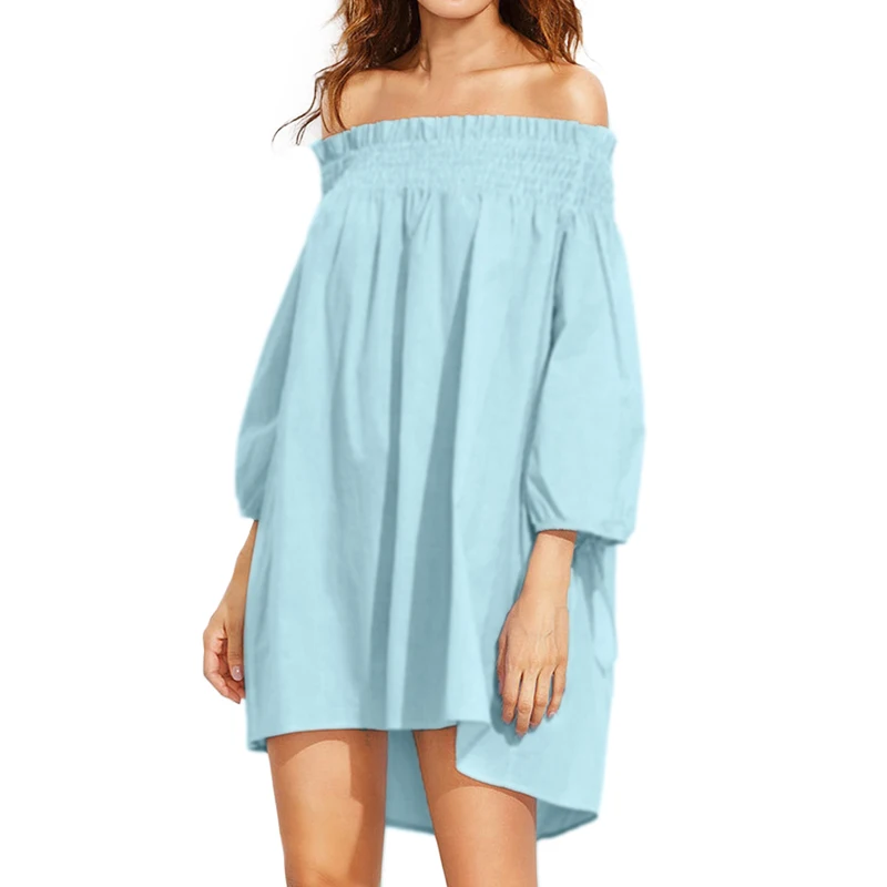 

2019 Summer Women Solid Dress Sexy Slash Neck Off Shoulder 3/4 Sleeve Lantern Loose Casual Party Mini Shirts Dress Vestidos S-XL