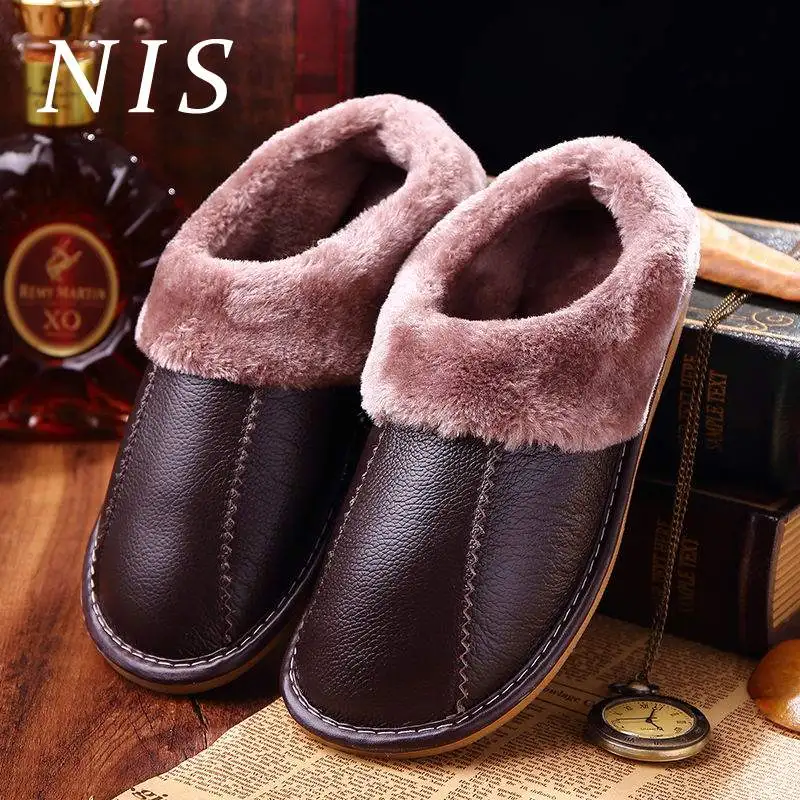 

NIS Men Winter Slippers Waterproof PU Leather Non-slip Home Floor Slippers Men Shoes Warm Plush Inner House Shoes Zapatos New