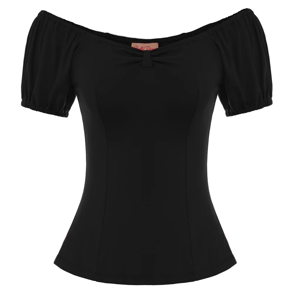 

new Women's cotton t shirt Retro Vintage Pinup pleated design crew neck Short Sleeve Backless solid color T-Shirt Tops black/red