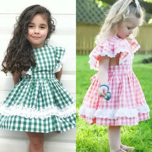 

2019 Summer Sleeveless Princess Party Wedding Tutu Cotton Pink Green Plaid Costume New Toddler Newborn Baby Girls Checks Dress