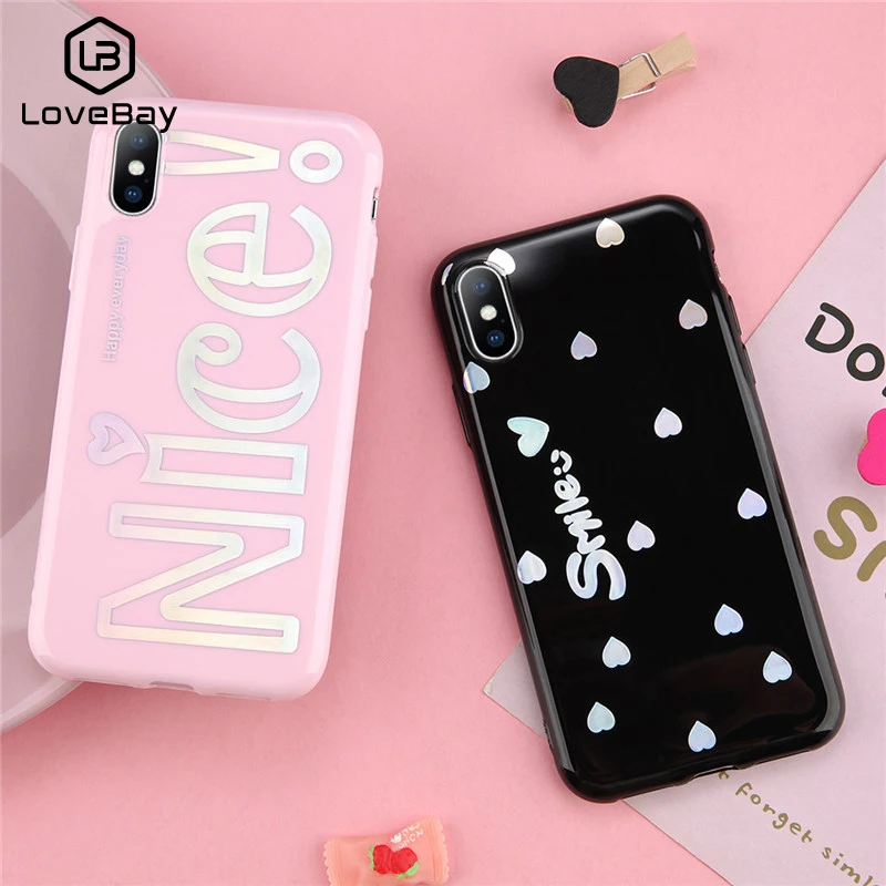 Lovebay Heart Nice Smile Pink Black Case For iPhone 8 7 Plus 3D Fashion Cute 6 6S X Scrub Soft Back Covers Funda |