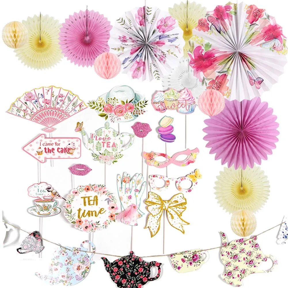 

Tea Party Decorations Floral Printable Tea Pot Tea Cup Garland Photo Props Alice in Wonderland Mother's Day Birthday Party Decor