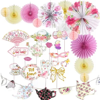 

Tea Party Decorations Hanging Tea Pot Tea Cup Garland Photo Props Paper Fans for Mother's Day Wedding Party Supplies
