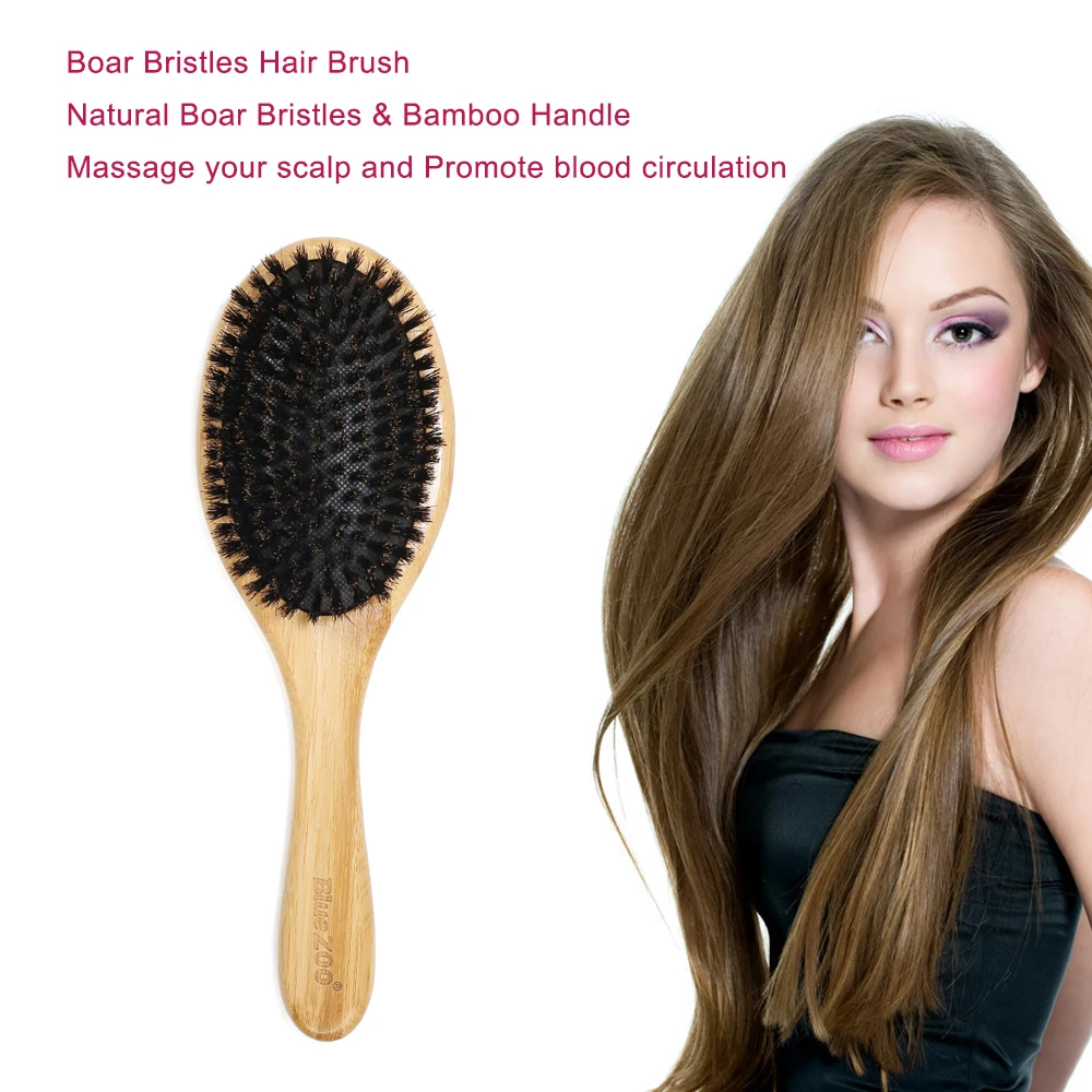 Blue ZOO Hair Brush Natural Bamboo Handle Boar Bristles Anti-static Scalp Paddle Hairbrush Gasbag Massage Comb Care Tool | Красота и