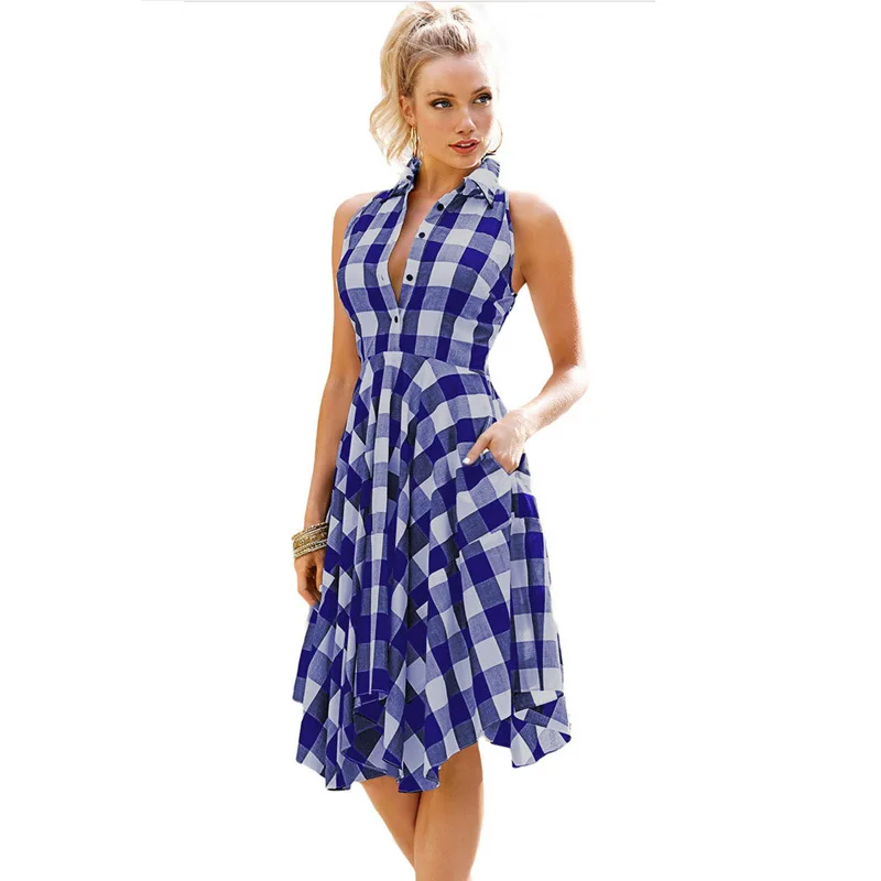

2019 Summer Dress Checks Flared Plaid Shirtdress Explosions Leisure Vintage Dresses Women Casual Shirt Dress Knee-length Dress