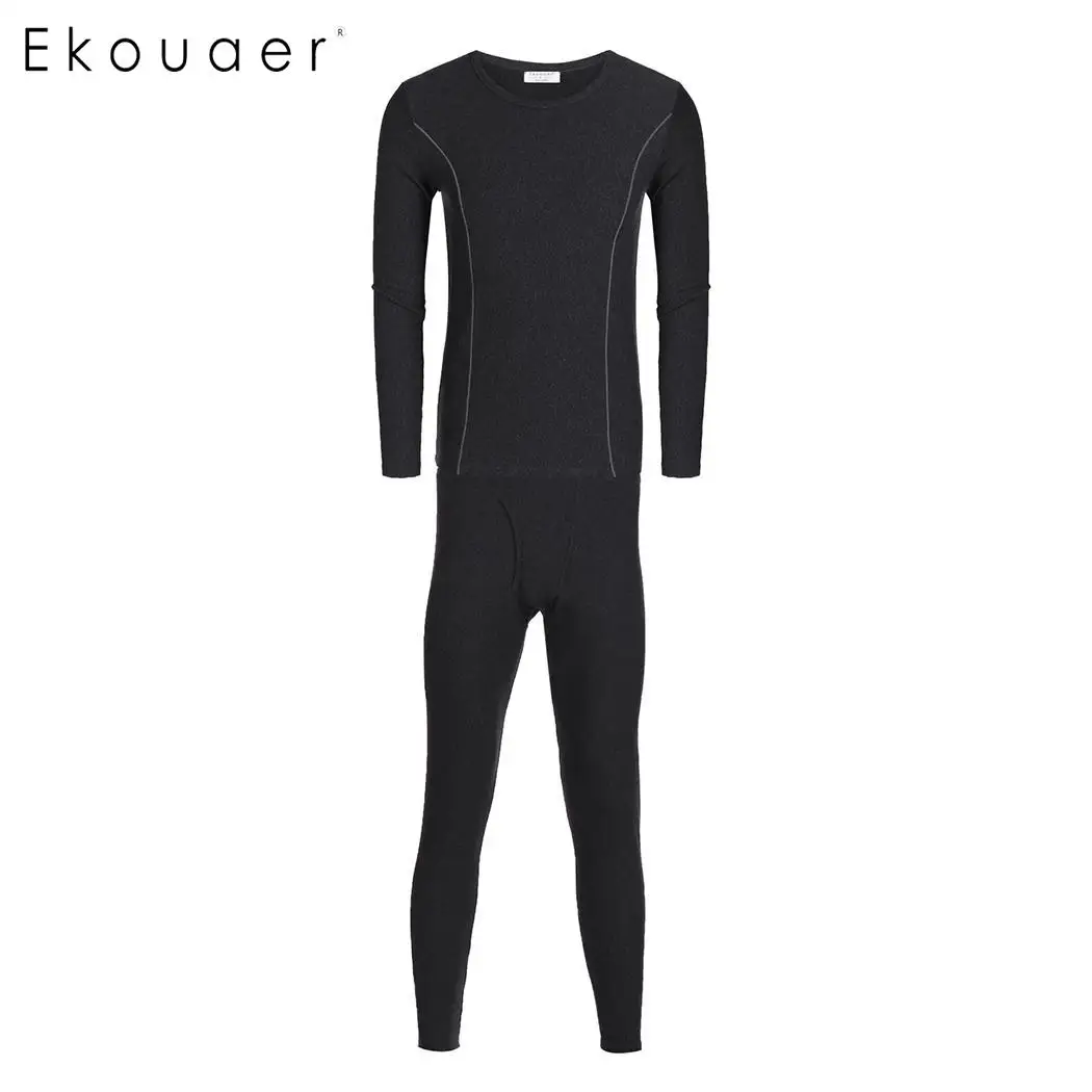 Ekouaer Men Thermal Autumn Winter Warm Long Johns Solid Round Neck Long