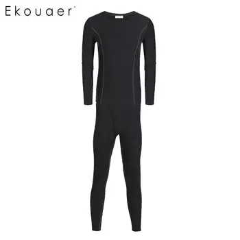 

Ekouaer Men Thermal Autumn Winter Warm Long Johns Solid Round Neck Long Sleeve Shirts Elastic Waist Pants Male Underwear Set