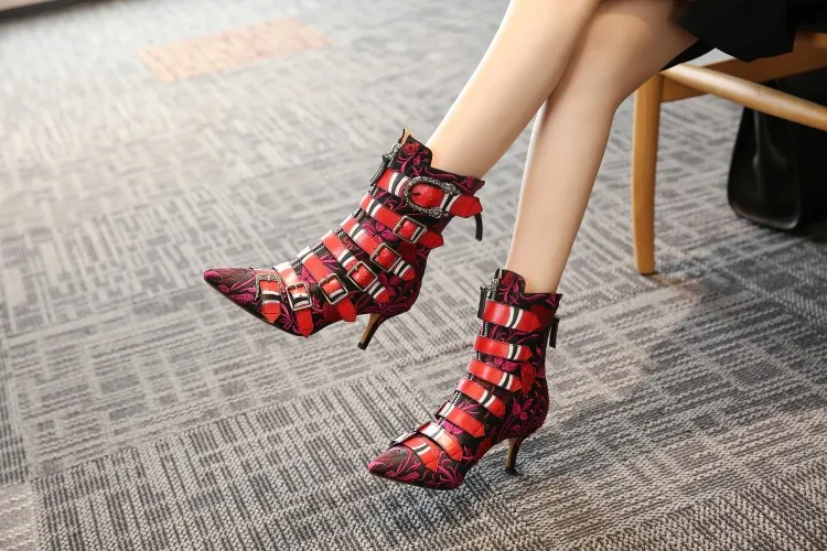 

Summer Riding Shoes Woman Pointed Toe with Multiple Band Strap Ankle Boots in Thin Heels For Ladies Party shoe Size 34,43,44