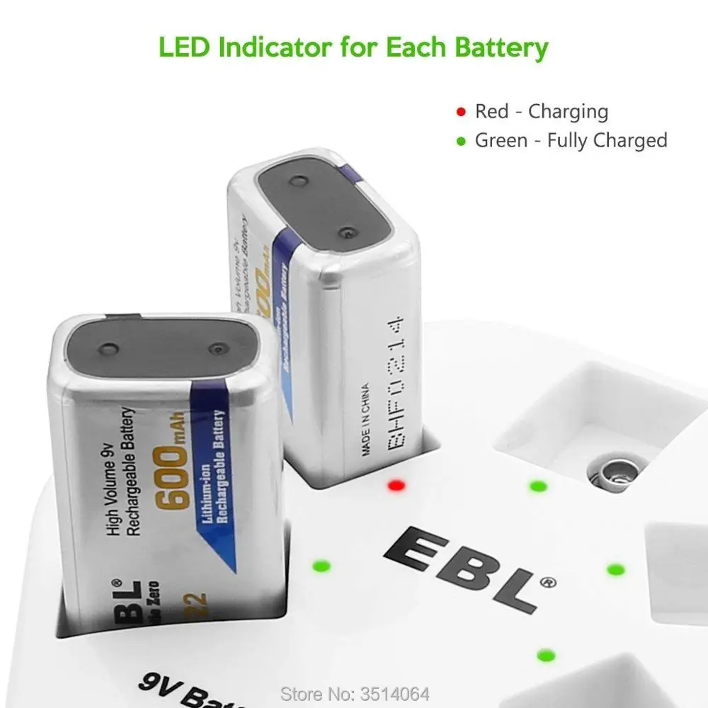 EBL 9V Li-ion Rechargeable Batteries 600mAh 4-Pack with LCD 9V Smart Battery Charger for 9 Volt Lithium-ion/Ni-MH/Ni-CD Rechargeable Batteries 