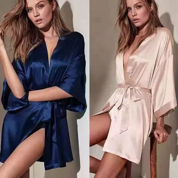 

New Sexy Women Robe Silk Satin Robes Wedding Bridesmaid Bride Gown Kimono Solid Robe Lace-up Cover Ups Belts Exotic Dresses 2019