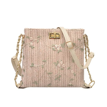 

NEW-Straw Bags For Women Simple Straw Bag Lace Chain Messenger Bag Fashion Shoulder Bag