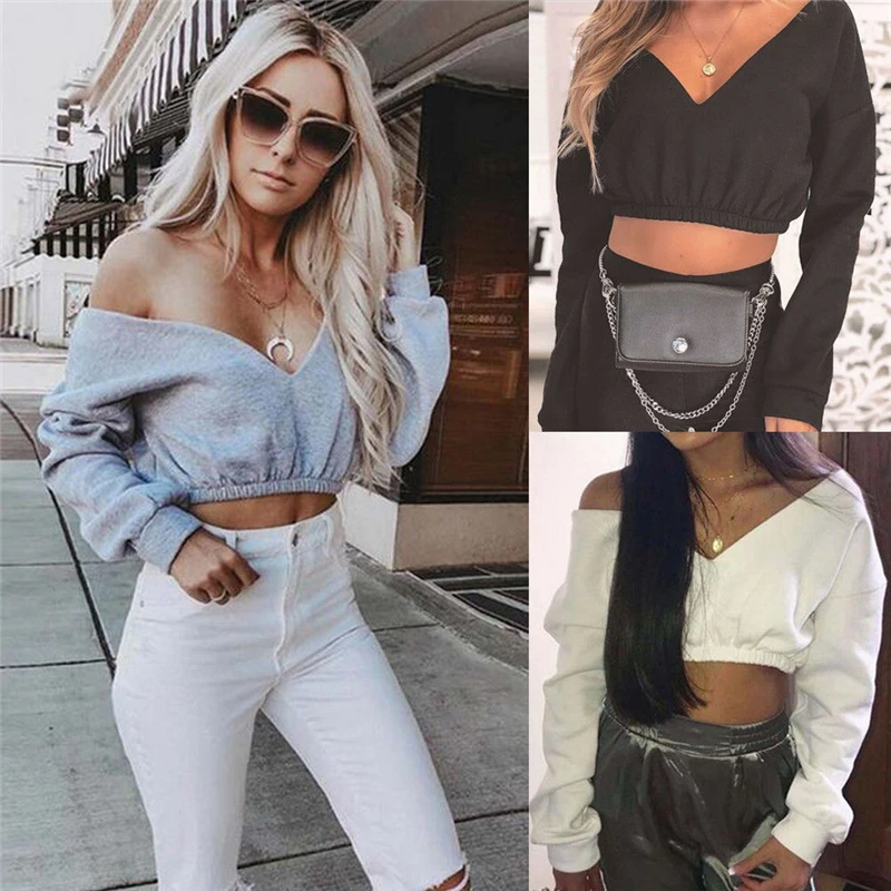 

Fashion Women Slim Off Shoulder Shirt Crop Top Ladies Long Sleeve Blouse S-XL