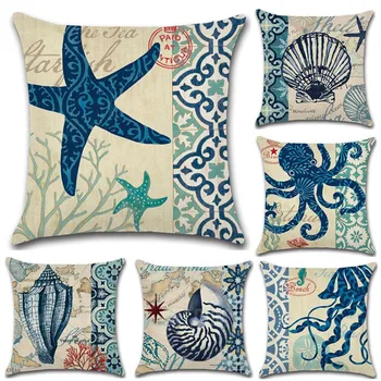 

Marine Life Octopus/Seahorse/Conch Print 45*45cm Cushion Cover Linen Throw Pillow Car Home Decoration Decorative Pillowcase30